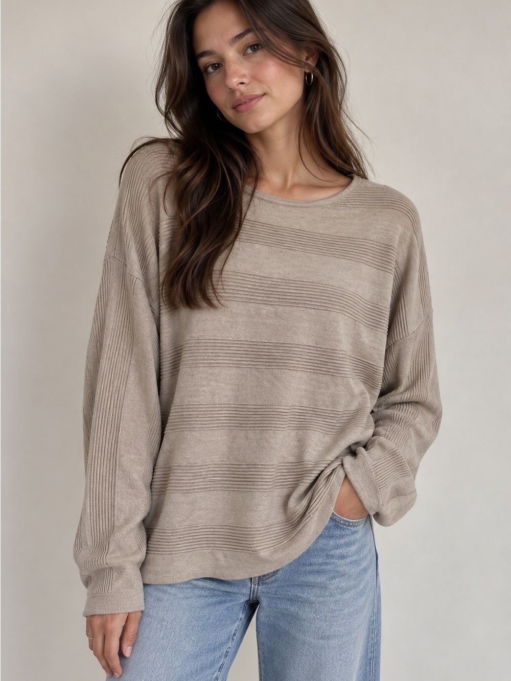 Tahari Relaxed Texture Rib-Stripe Lightweight Sweater - Taupe Size 3XL